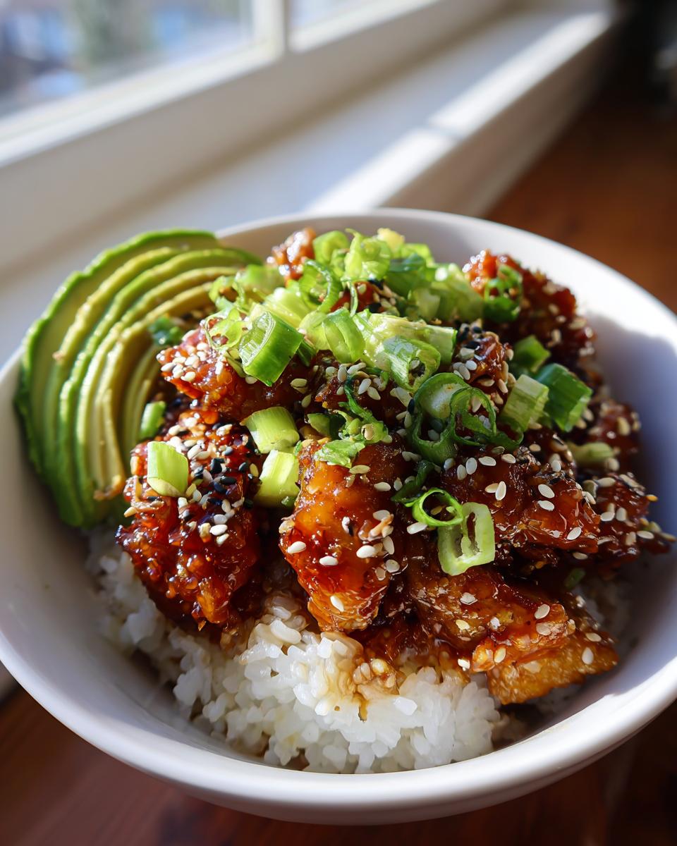 A delicious Teriyaki Chicken Avocado Rice bowl topped with sesame seeds and green onions.
