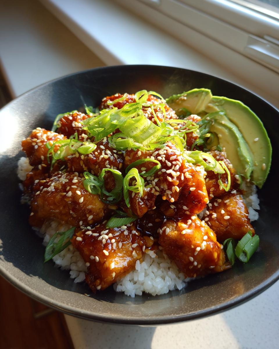 Close-up of a Teriyaki Chicken Avocado Rice bowl, garnished with sesame seeds and green onions.