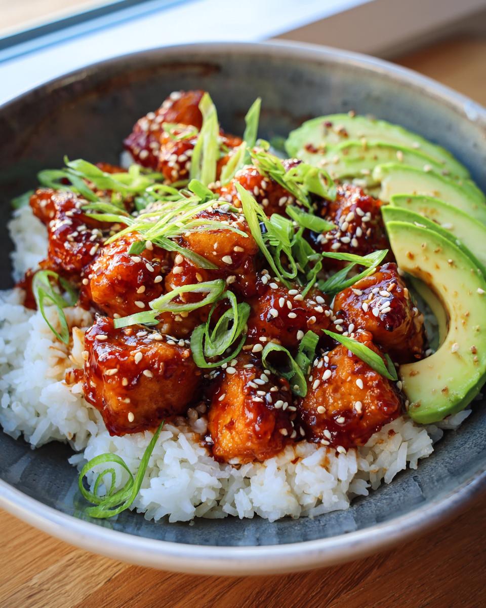 Bowl of Teriyaki Chicken Avocado Rice, garnished with sesame seeds and green onions.