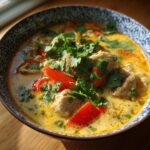 A bowl of Thai Coconut Chicken Soup with chicken, red bell peppers, and cilantro.