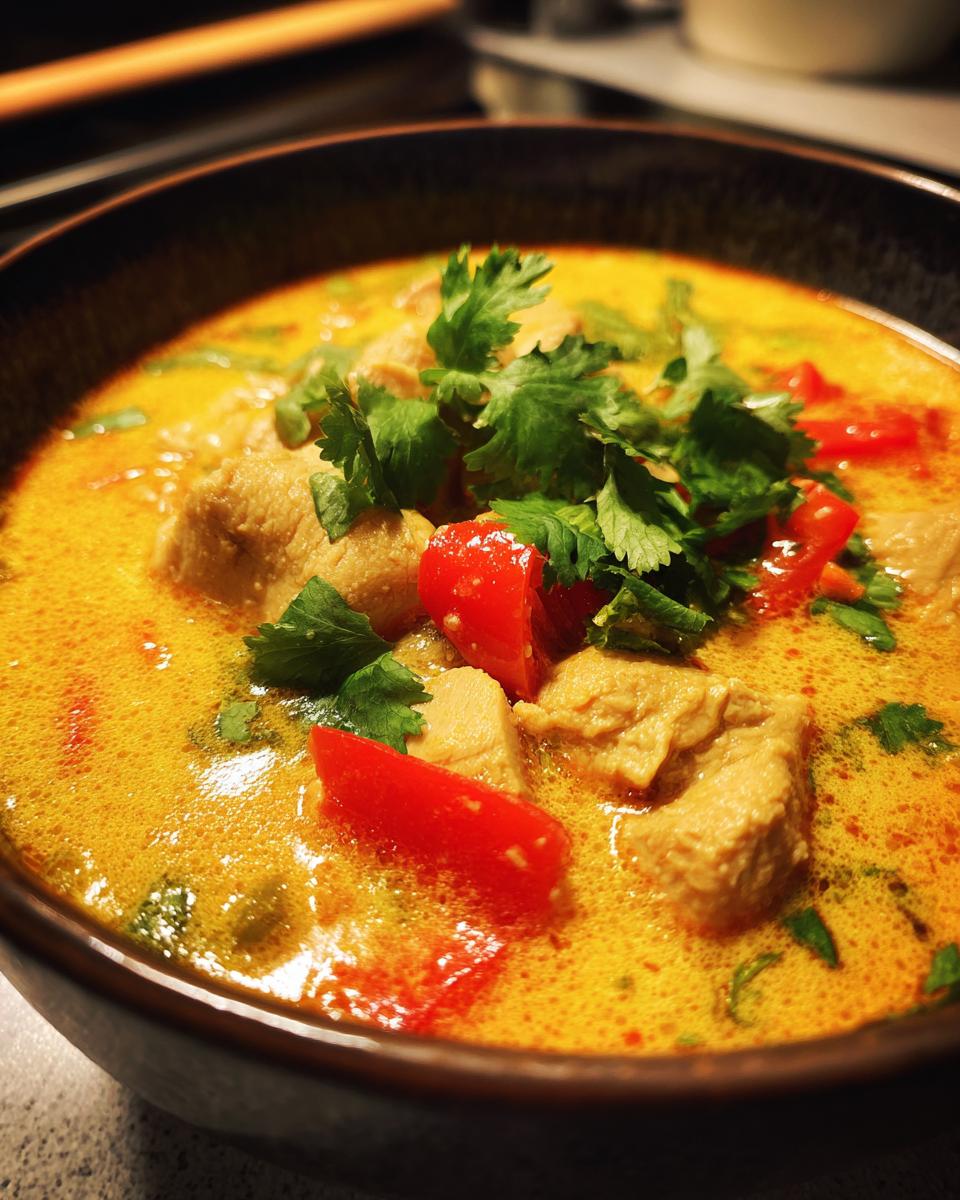 Close-up of Thai Coconut Chicken Soup in a bowl, garnished with cilantro and red peppers.