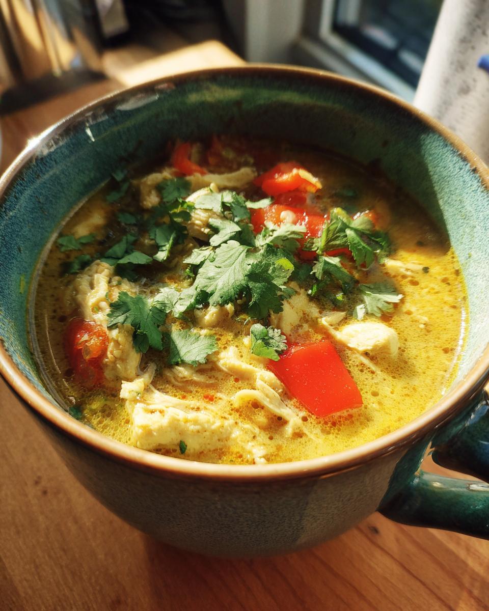 Close-up of a bowl of Thai Coconut Chicken Soup with chicken, red peppers, and cilantro.