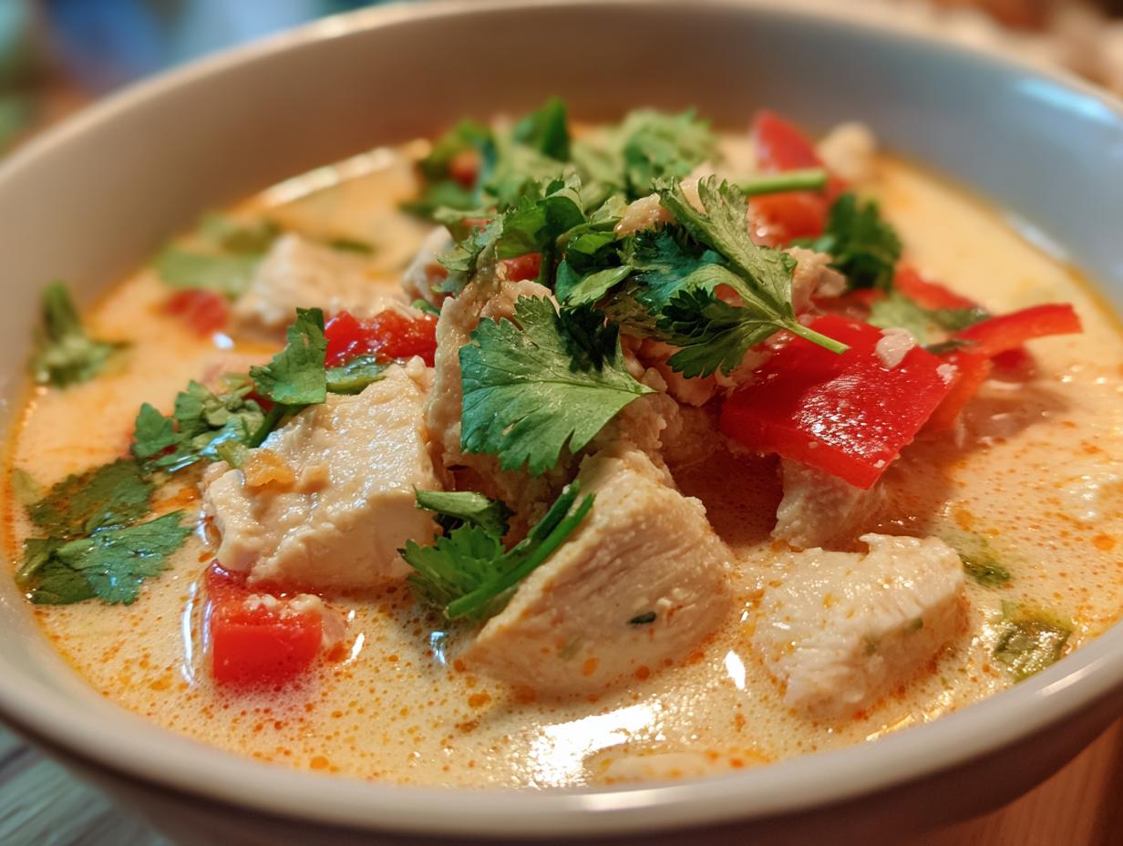 Close-up of a bowl of Thai Coconut Chicken Soup with chicken, red bell peppers, and cilantro.