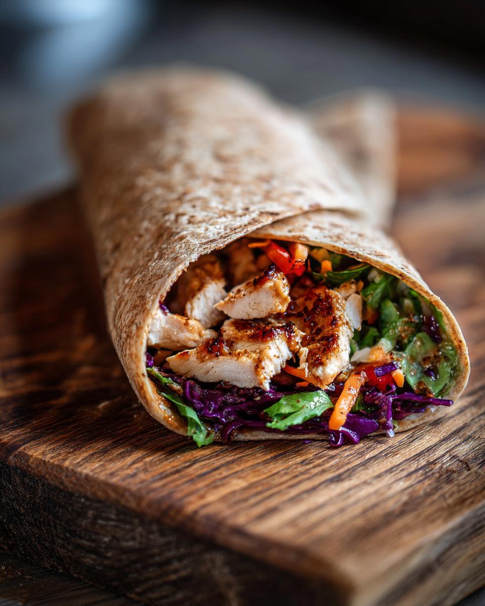 Close-up of a Thai Peanut Chicken Wrap filled with grilled chicken and colorful vegetables on a wooden board.