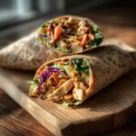Two Thai Peanut Chicken Wraps on a wooden board, showcasing the chicken, peanut sauce, and colorful vegetables.