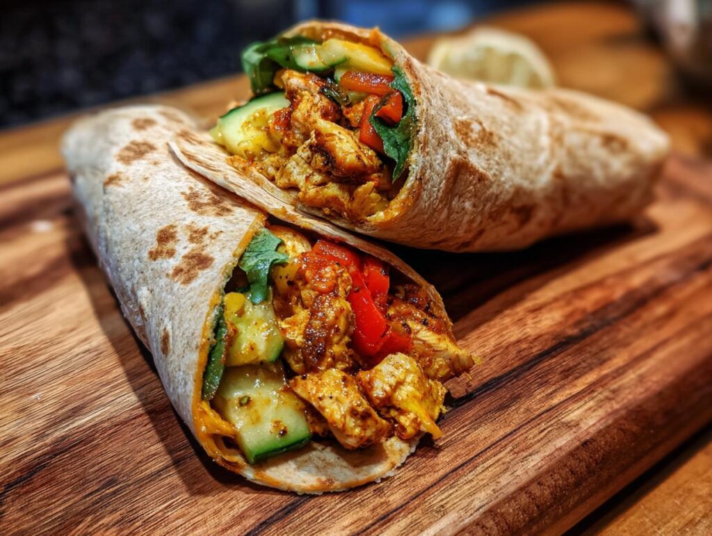Two Thai Peanut Chicken Wraps on a wooden board, filled with chicken, vegetables, and peanut sauce.
