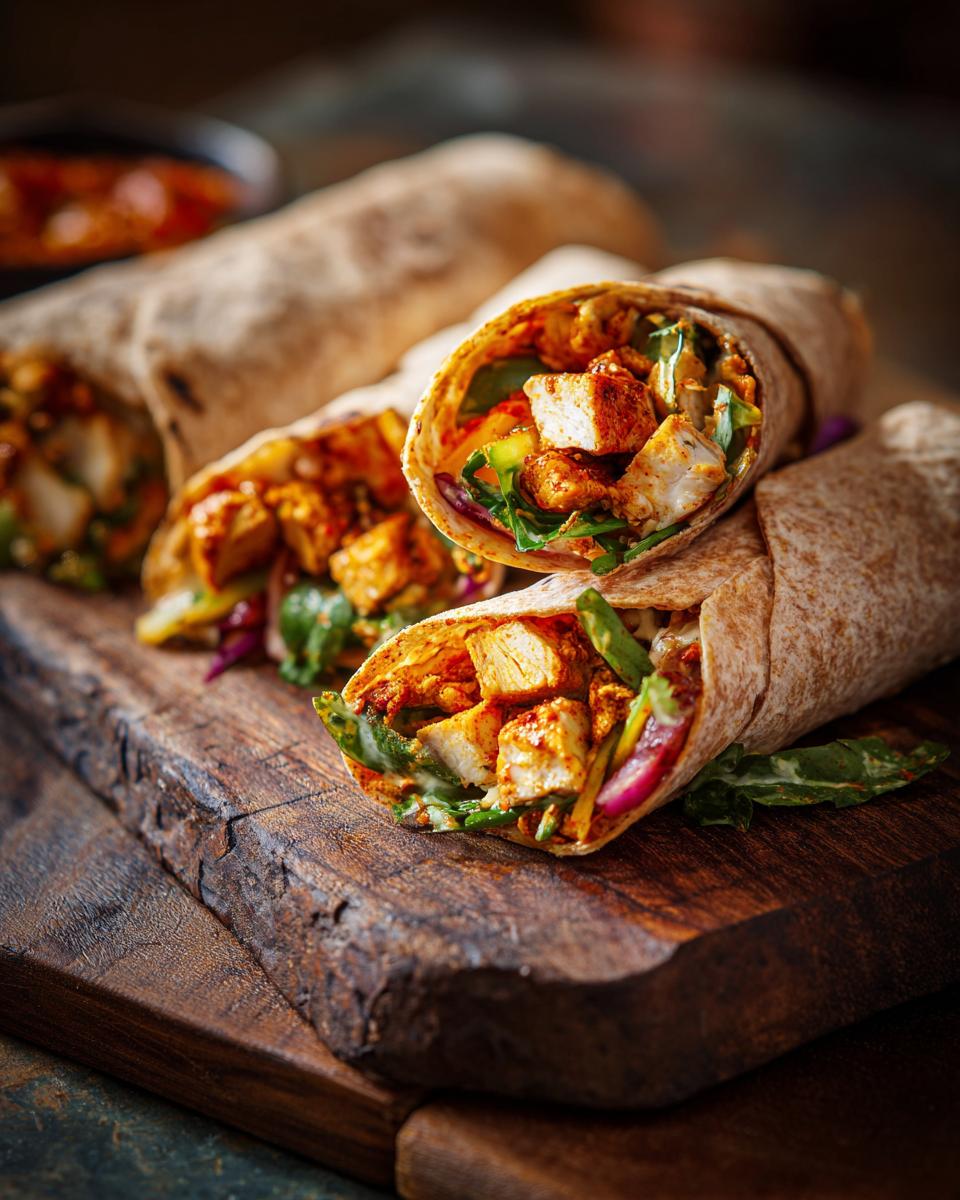 Three Thai Peanut Chicken Wraps on a wooden board, showcasing the chicken, vegetables, and peanut sauce filling.