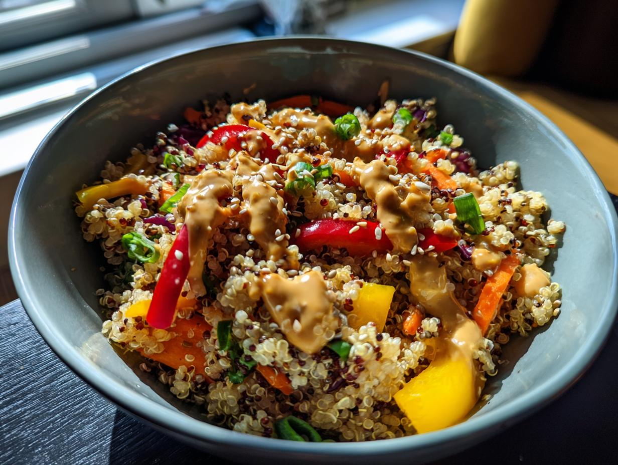 A colorful bowl of Thai Quinoa Salad with Peanut Dressing, featuring quinoa, vegetables, and a creamy peanut sauce.