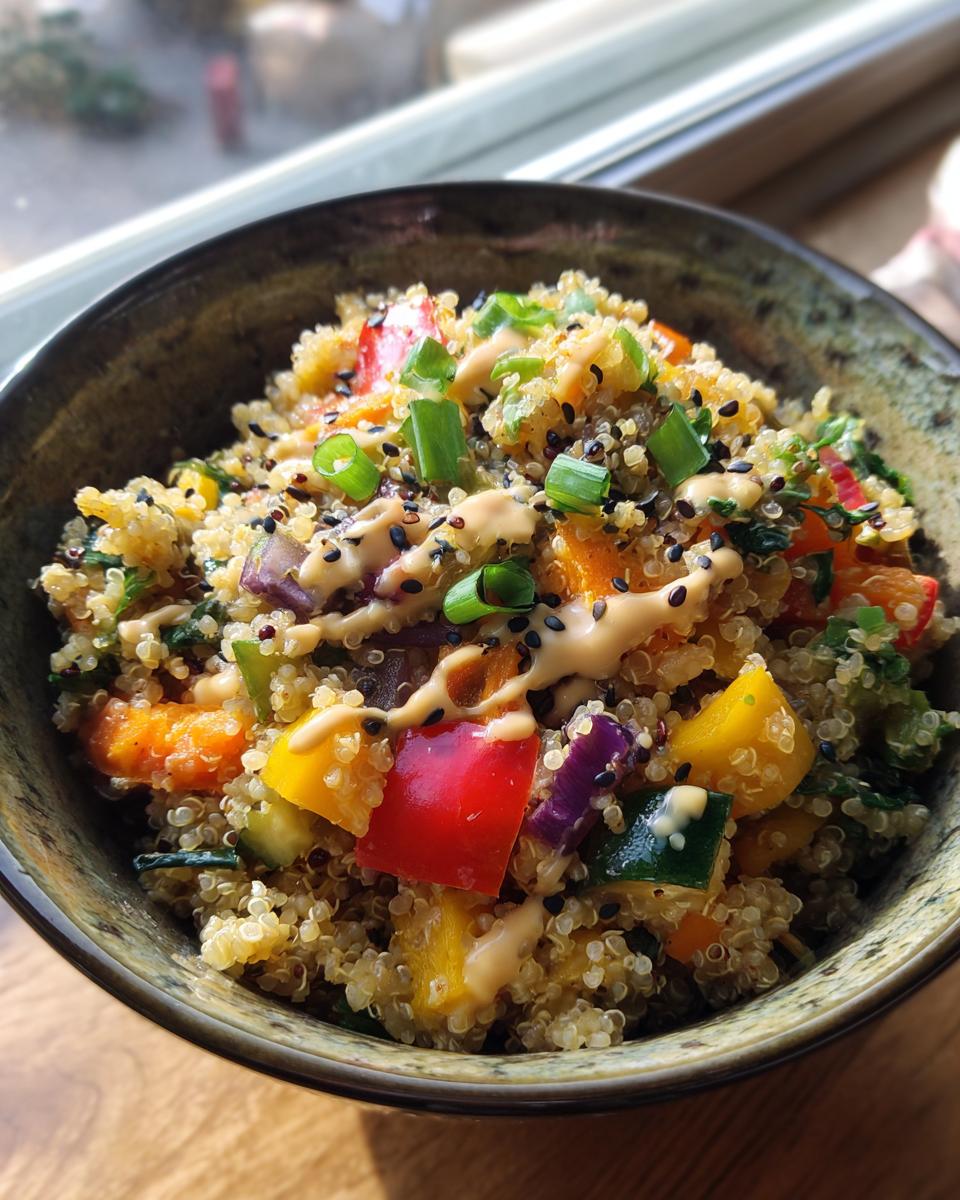 A vibrant bowl of Thai Quinoa Salad with Peanut Dressing, featuring colorful vegetables and a creamy peanut sauce drizzle.