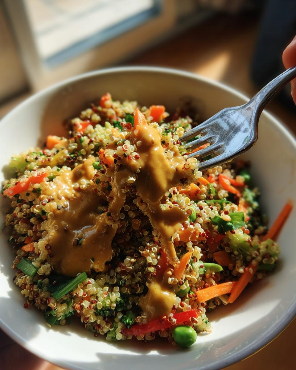 A fork lifts a portion of Thai Quinoa Salad with Peanut Dressing, showcasing the quinoa and colorful vegetables.