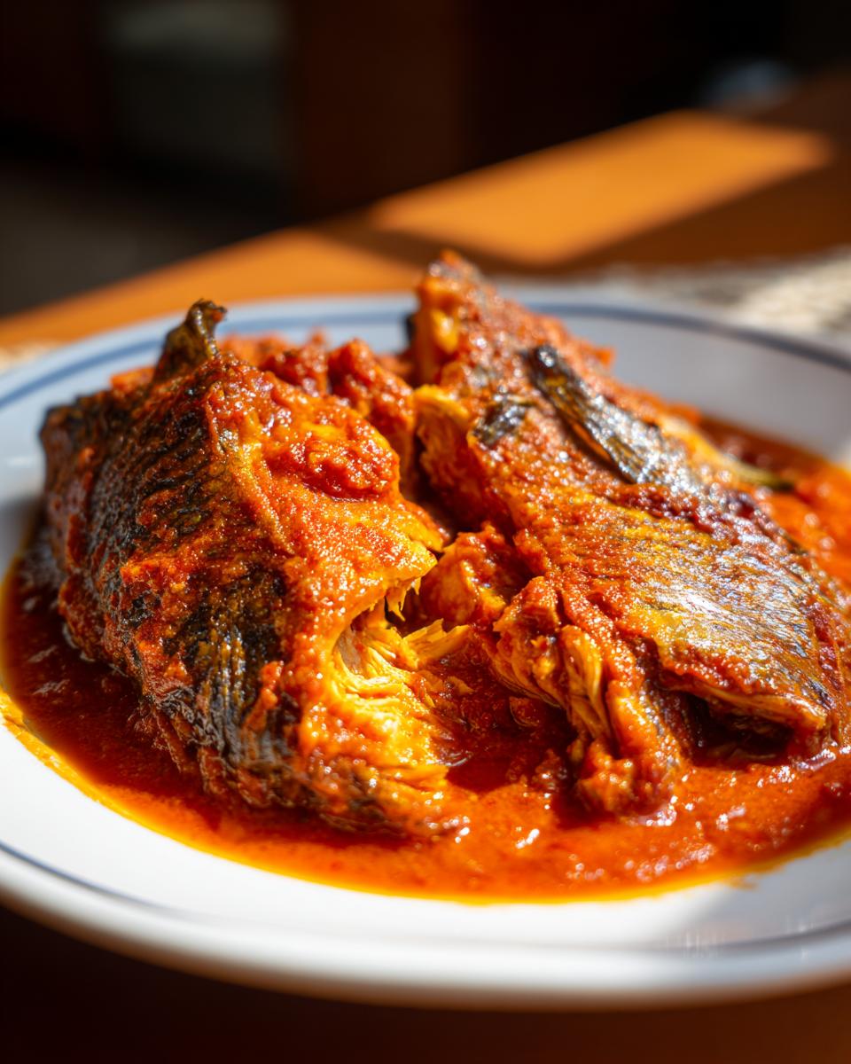 Two pieces of Tilapia in Roasted Pepper Sauce on a white plate, ready to eat.
