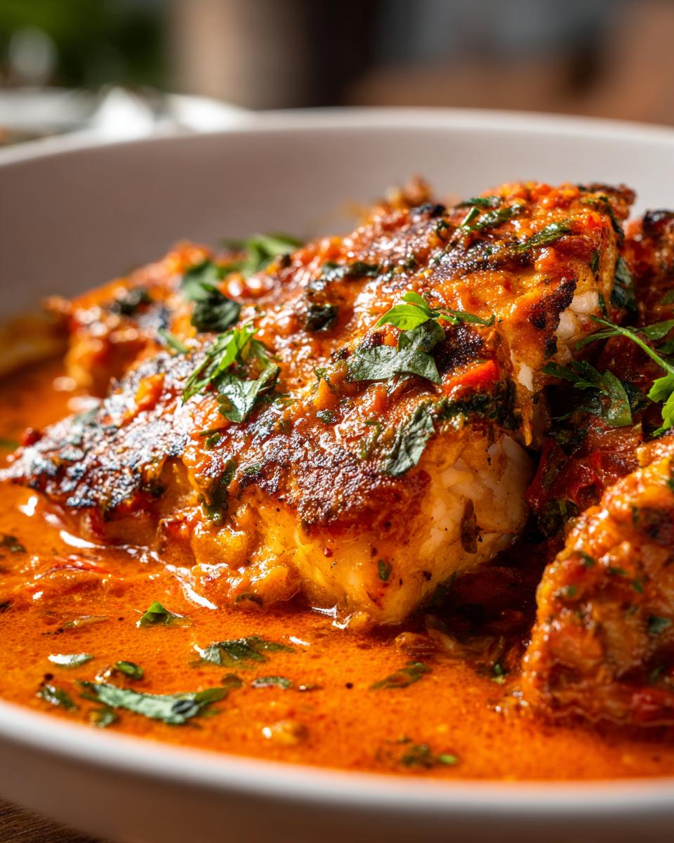 Close-up of Tilapia in Roasted Pepper Sauce, garnished with fresh parsley in a white bowl.