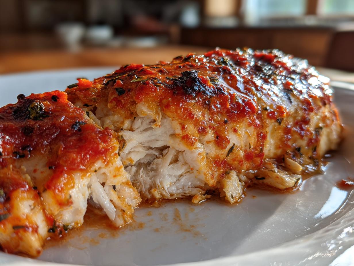 Close-up of flaky Tilapia in Roasted Pepper Sauce on a white plate, showing the texture and vibrant color.