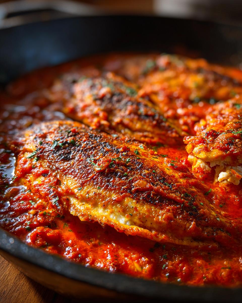 Close-up of Tilapia in Roasted Pepper Sauce, cooked in a skillet and garnished with herbs.