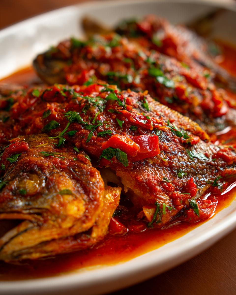 Three whole Tilapia fish plated and smothered in a vibrant Roasted Pepper Sauce, garnished with fresh herbs.