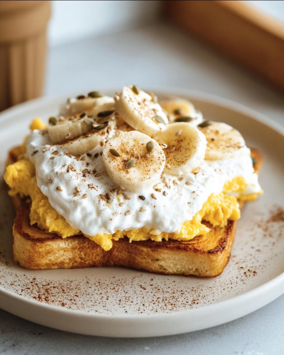Toast topped with scrambled eggs, cottage cheese, banana slices, and seeds, a delicious Protein Breakfast Recipes idea.