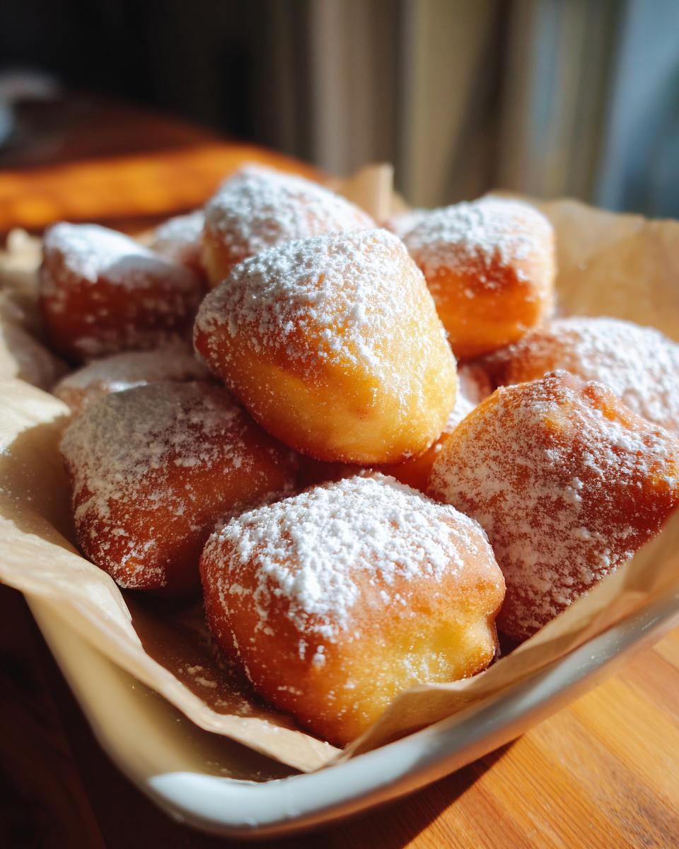 Close-up of Vanilla French Beignets dusted with powdered sugar in a bowl, ready for breakfast.