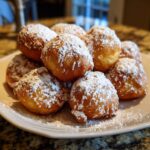 Pile of Vanilla French Beignets For Breakfast, dusted with powdered sugar, served on a white plate.