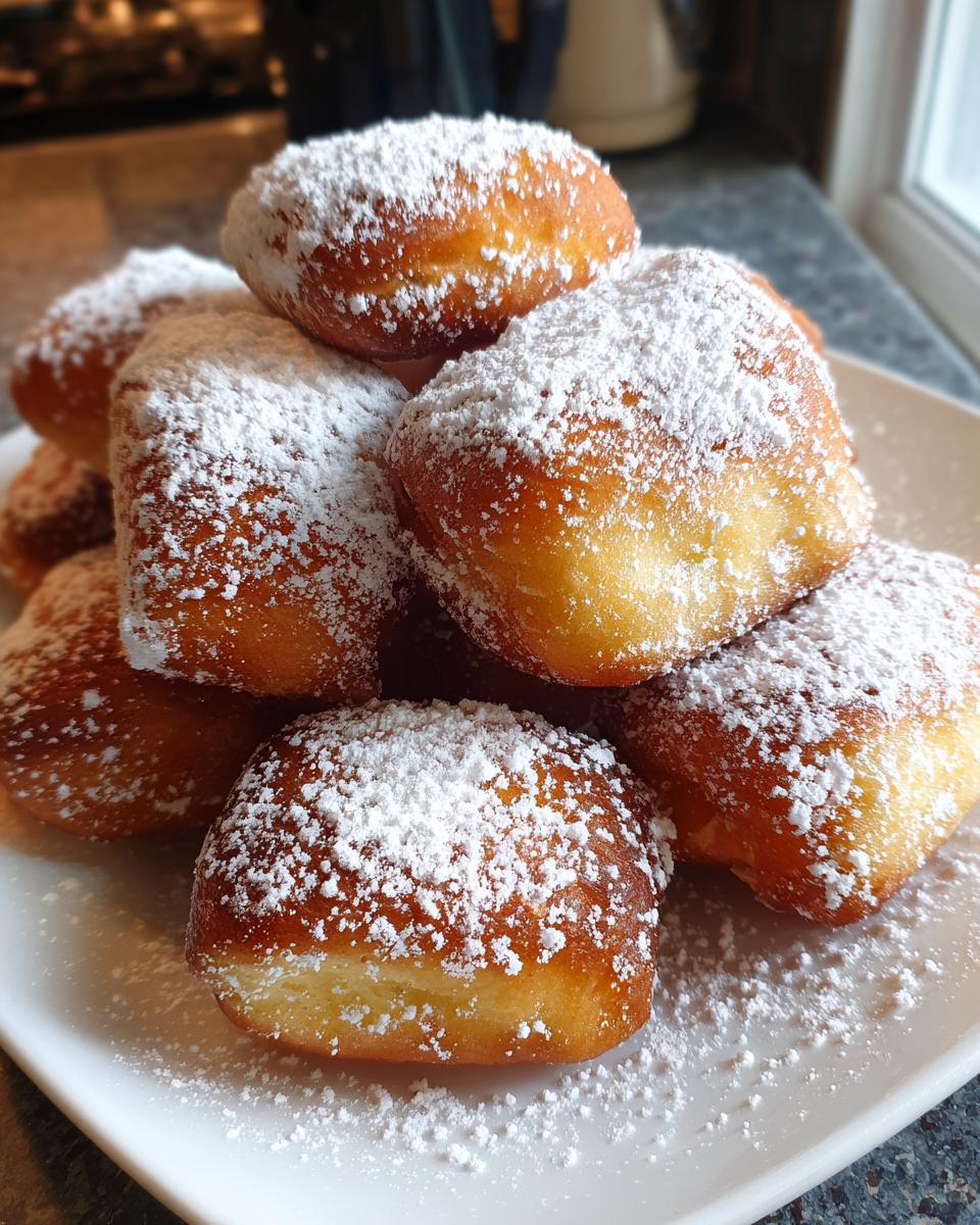A stack of golden Vanilla French Beignets For Breakfast, generously dusted with powdered sugar on a white plate.