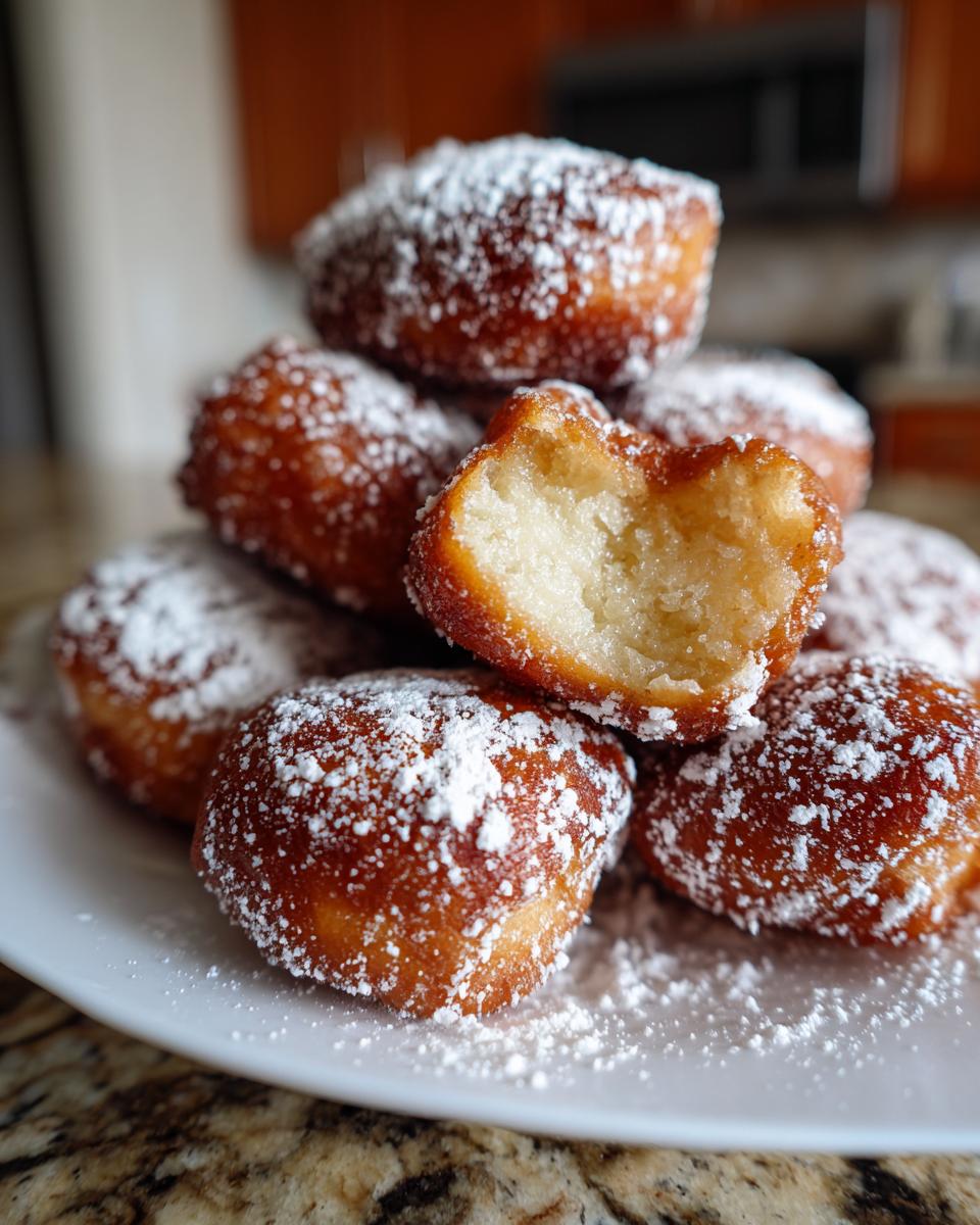 A stack of golden brown Vanilla French Beignets dusted with powdered sugar, one with a bite taken out.