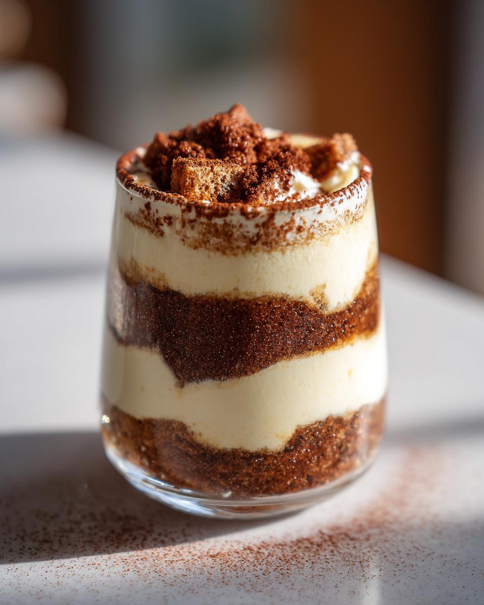 A glass filled with layered Viral Tiramisu Chia Pudding, topped with cocoa powder and ladyfingers.
