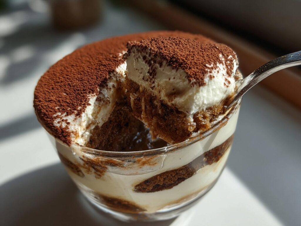 Close-up of Viral Tiramisu Chia Pudding in a glass, with a spoonful taken out, showcasing layers of cream and cocoa.