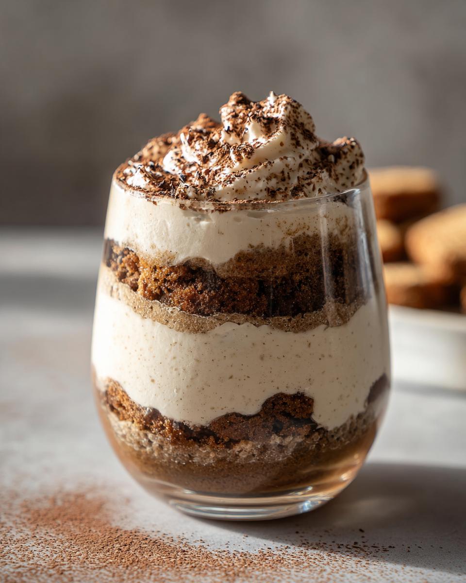 Close-up of Viral Tiramisu Chia Pudding layered in a glass, topped with whipped cream and chocolate shavings.