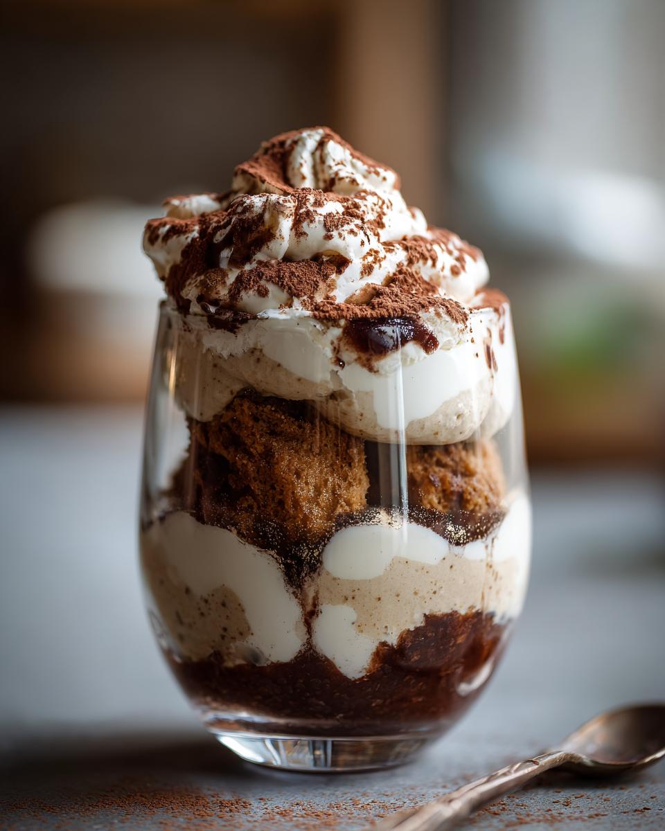 A glass filled with layers of Viral Tiramisu Chia Pudding, topped with whipped cream and cocoa powder.