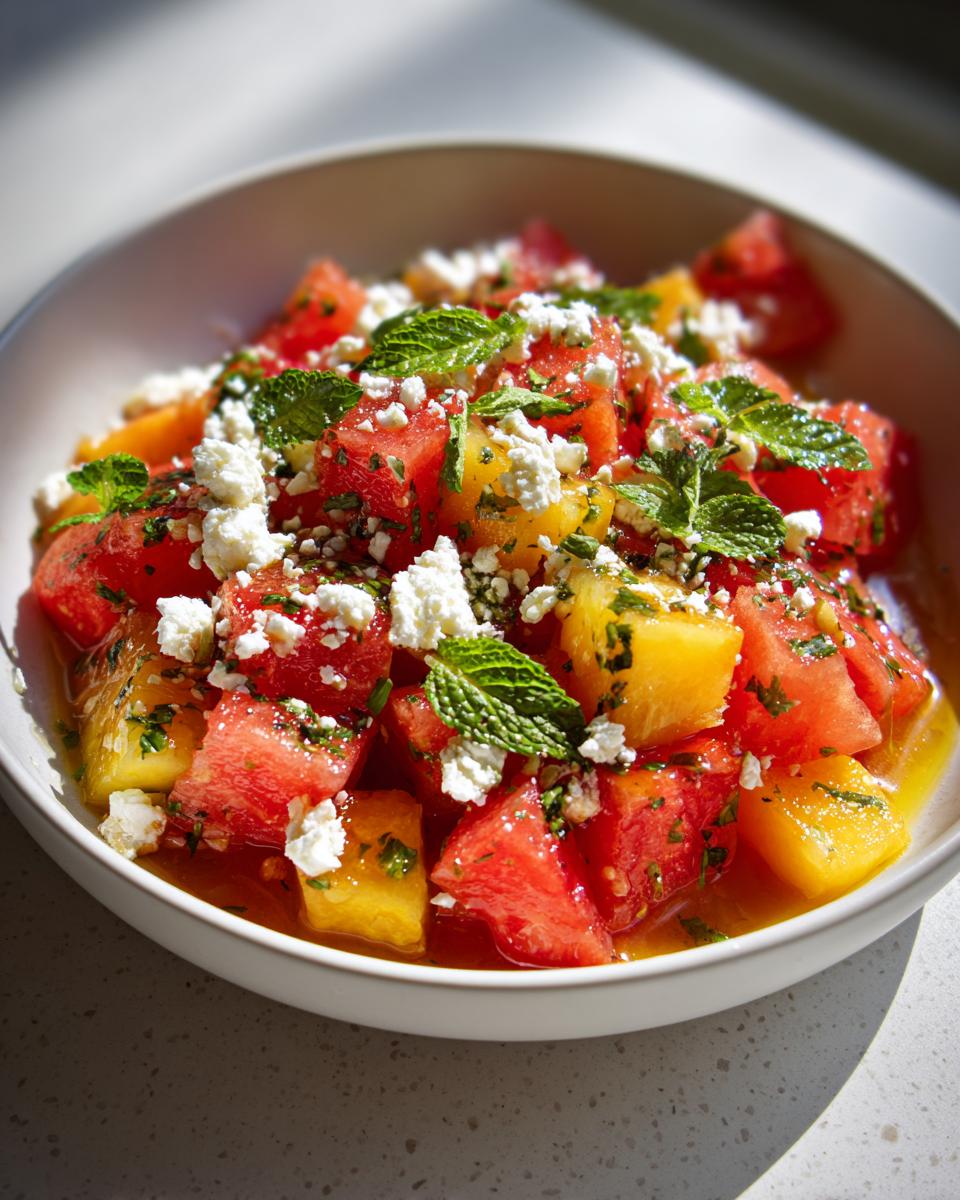 Bowl of watermelon salad with feta cheese and mint. Not related to Keto Garlic Butter Meatballs.