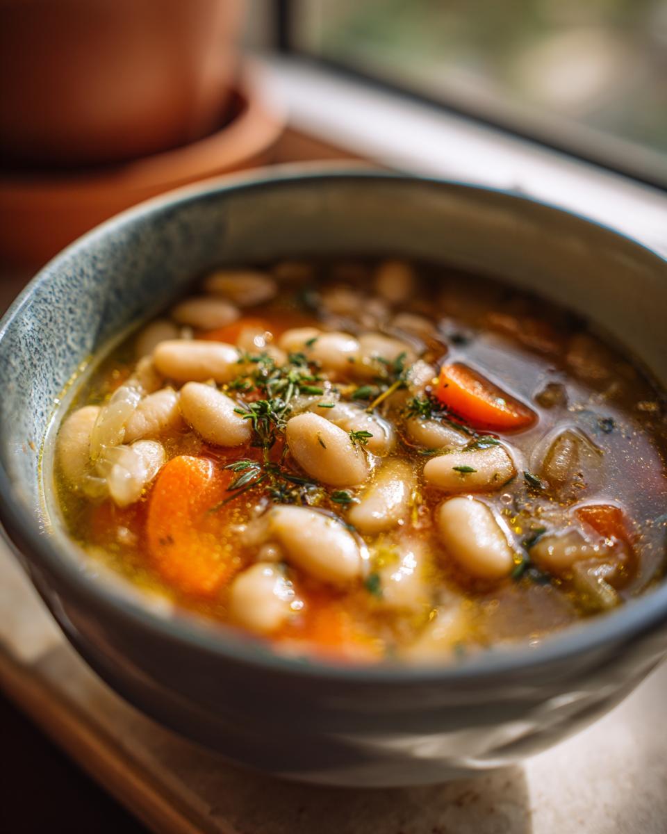 Close-up of a bowl of White Bean Soup with carrots and herbs, ready to eat.