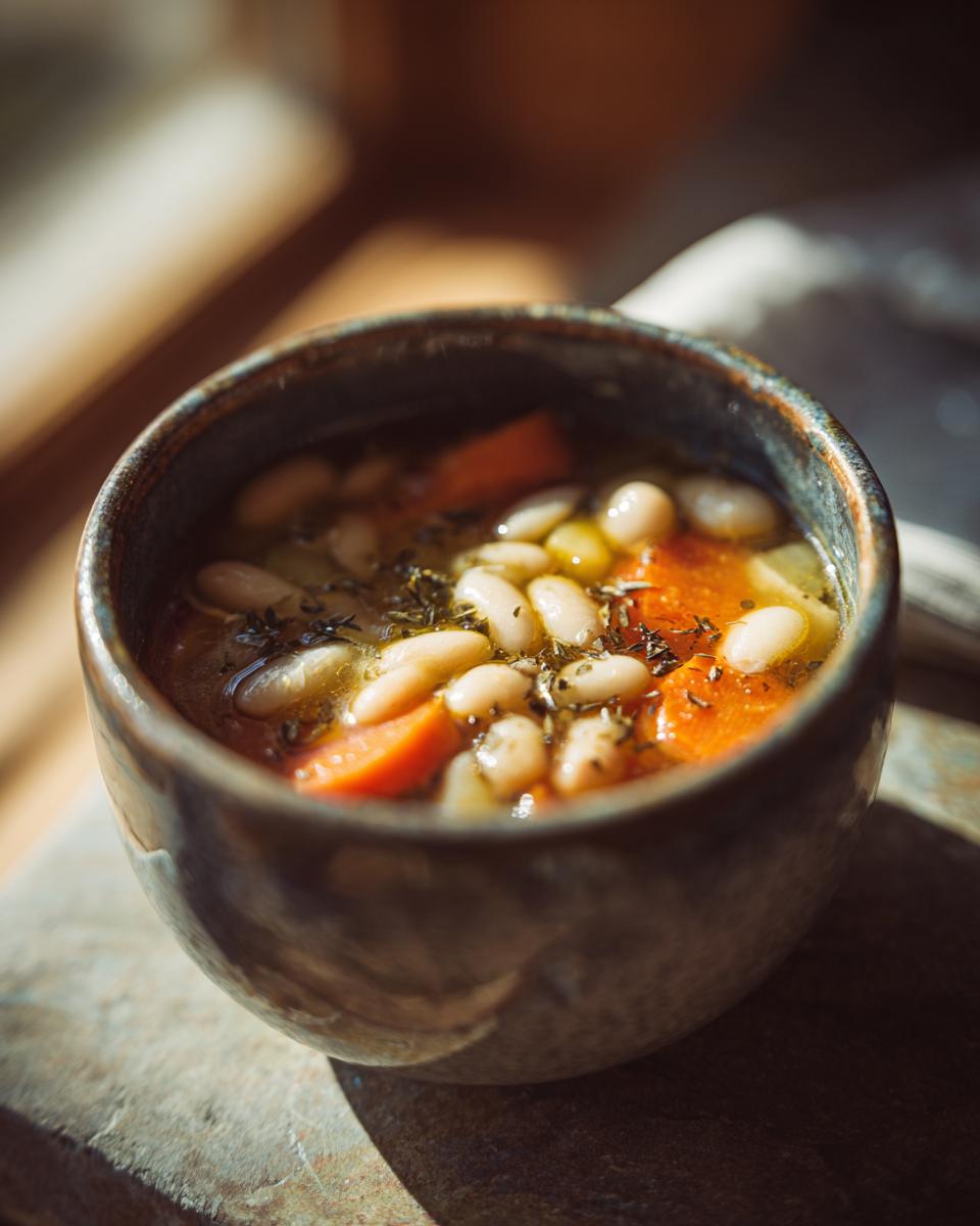Close-up of a rustic bowl filled with White Bean Soup, featuring carrots and herbs.