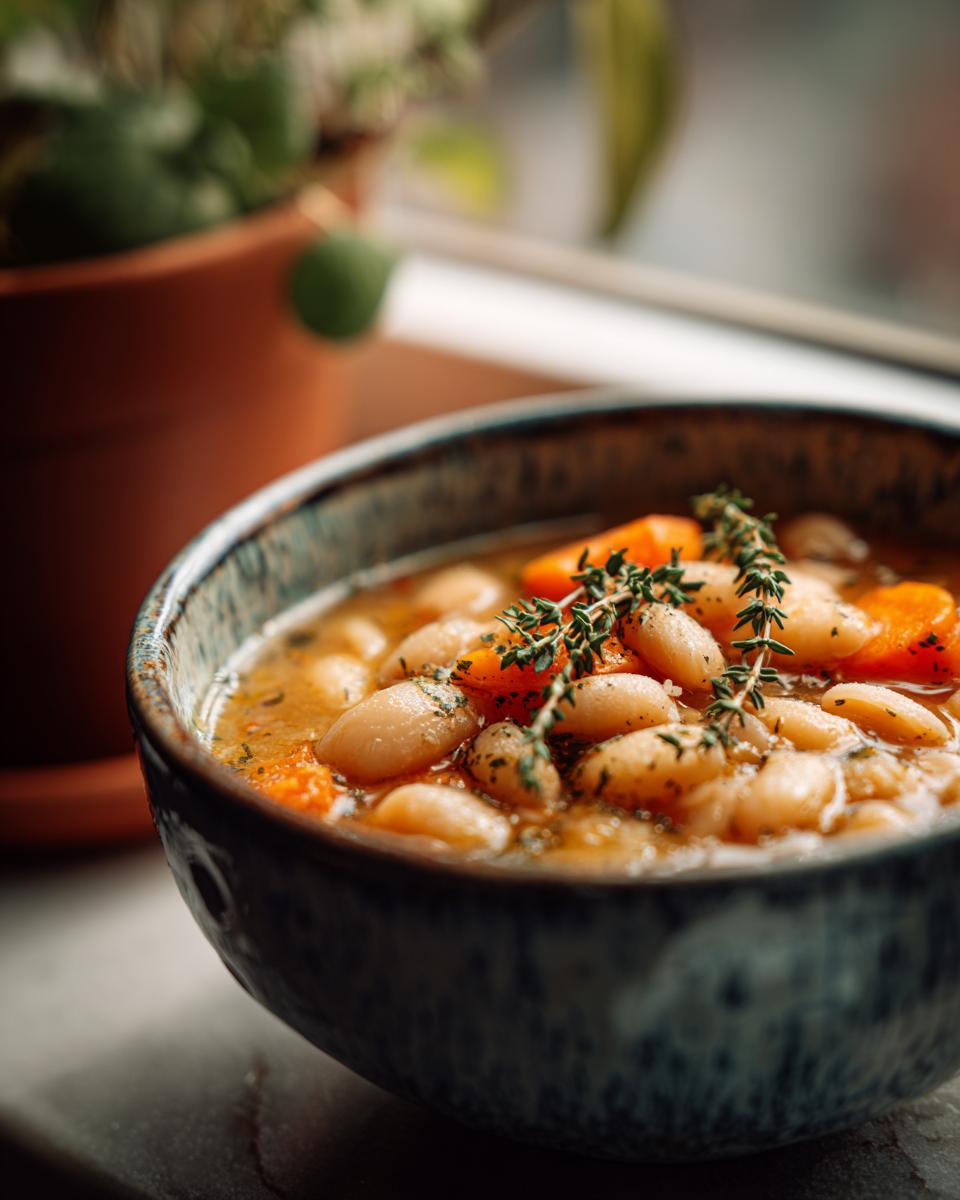 Close-up of a bowl of White Bean Soup with carrots and thyme garnish. Comforting and healthy meal.