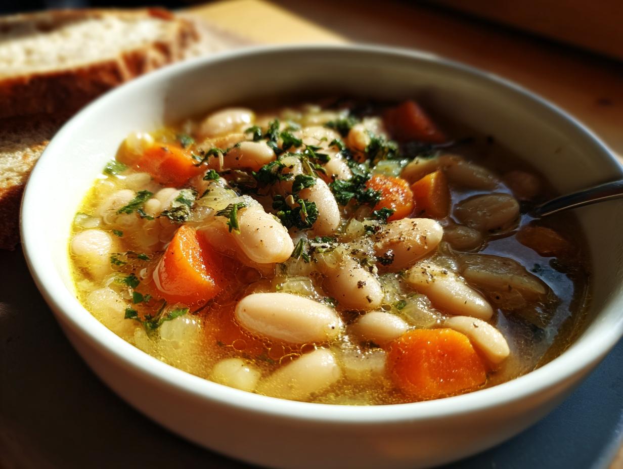 Close-up of a bowl of White Bean Soup with carrots and herbs, served with sliced bread.