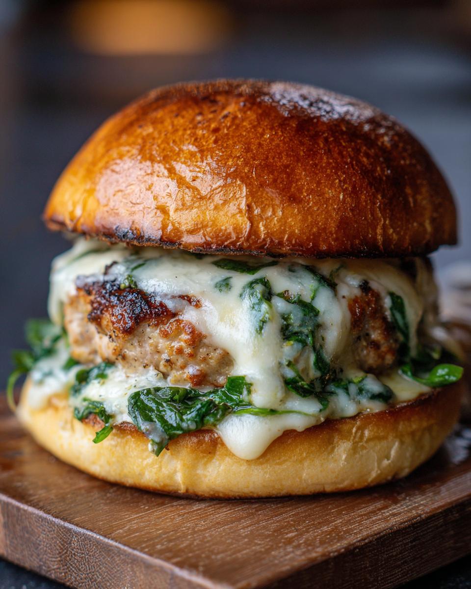 Close-up of a White Cheddar and Spinach Chicken Burger with melted cheese and spinach on a brioche bun.