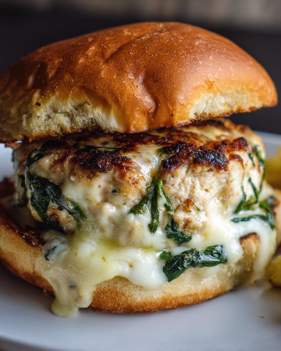 Close-up of a White Cheddar and Spinach Chicken Burger with melted cheese and a toasted bun.