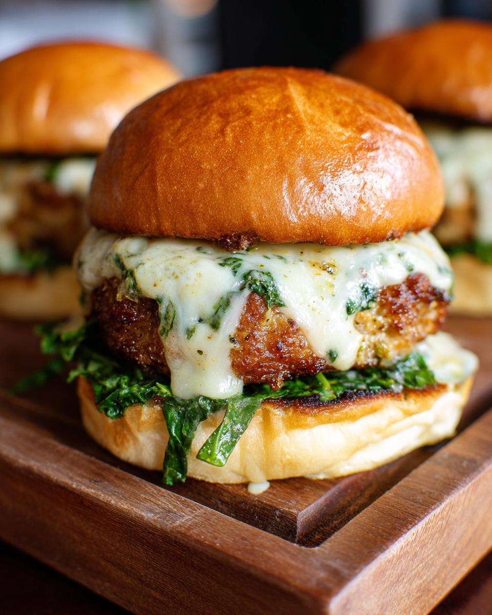 Close-up of a White Cheddar and Spinach Chicken Burger on a wooden board, featuring melted cheese and fresh spinach.