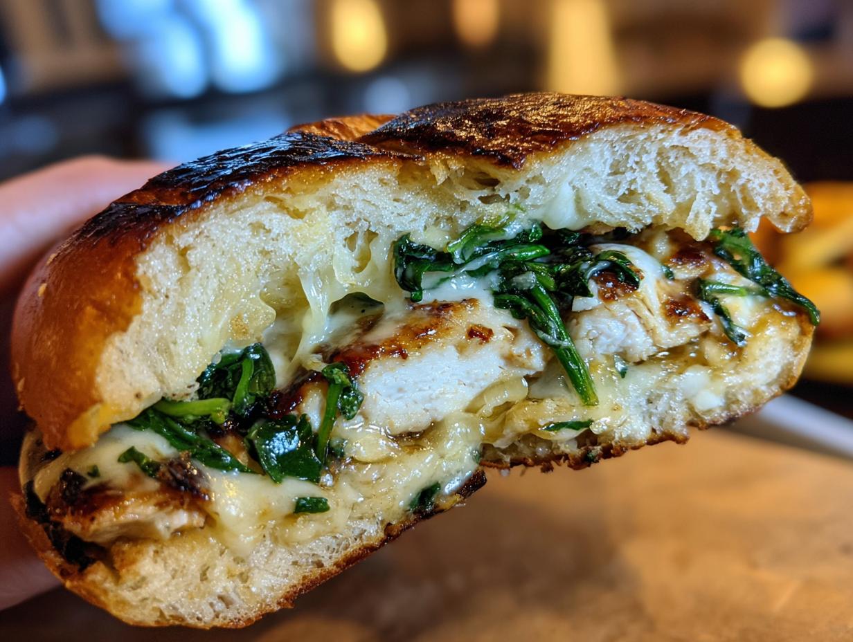 A juicy White Cheddar and Spinach Chicken Burger, cut in half to show the filling.