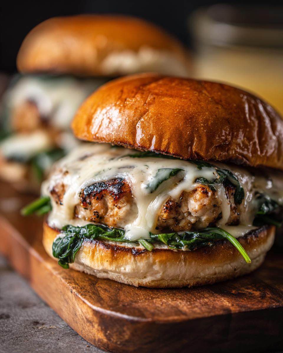 Close-up of White Cheddar and Spinach Chicken Burgers on a wooden board, featuring melted cheese and fresh spinach.
