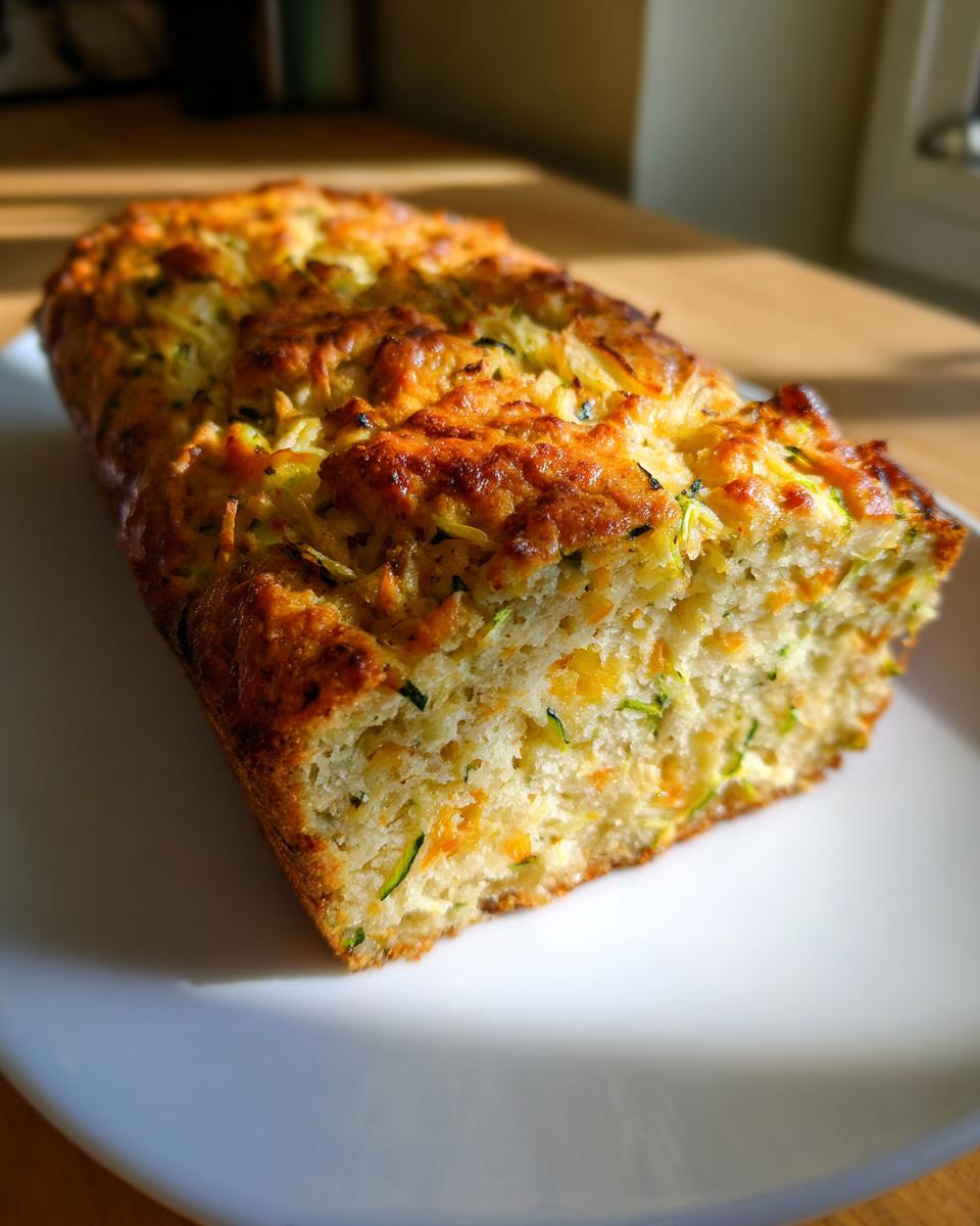 A loaf of freshly baked Zucchini Cheddar Quick Bread on a white plate, showcasing the zucchini and cheddar.