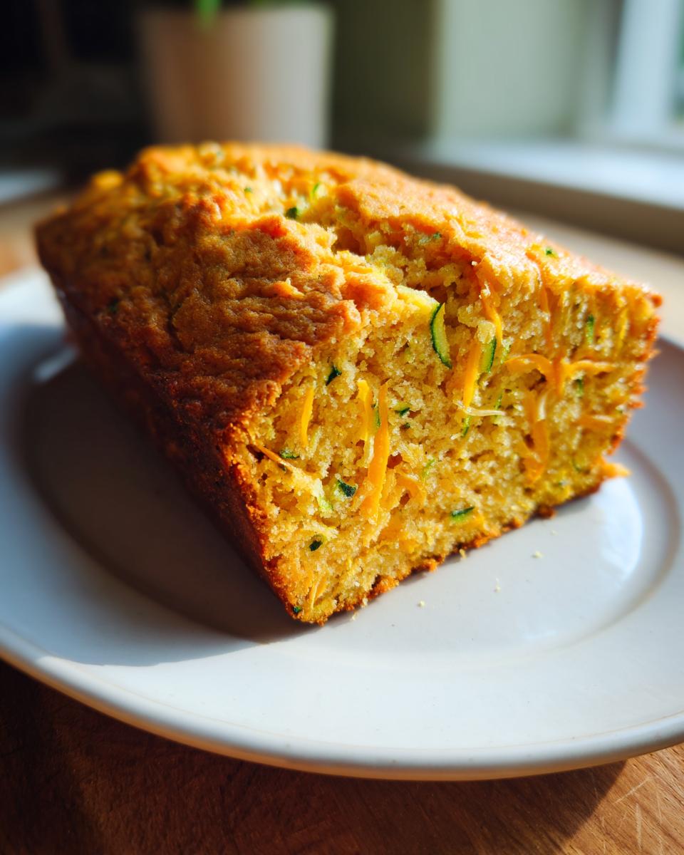 A loaf of freshly baked Zucchini Cheddar Quick Bread sits on a white plate, showcasing the zucchini and cheddar.