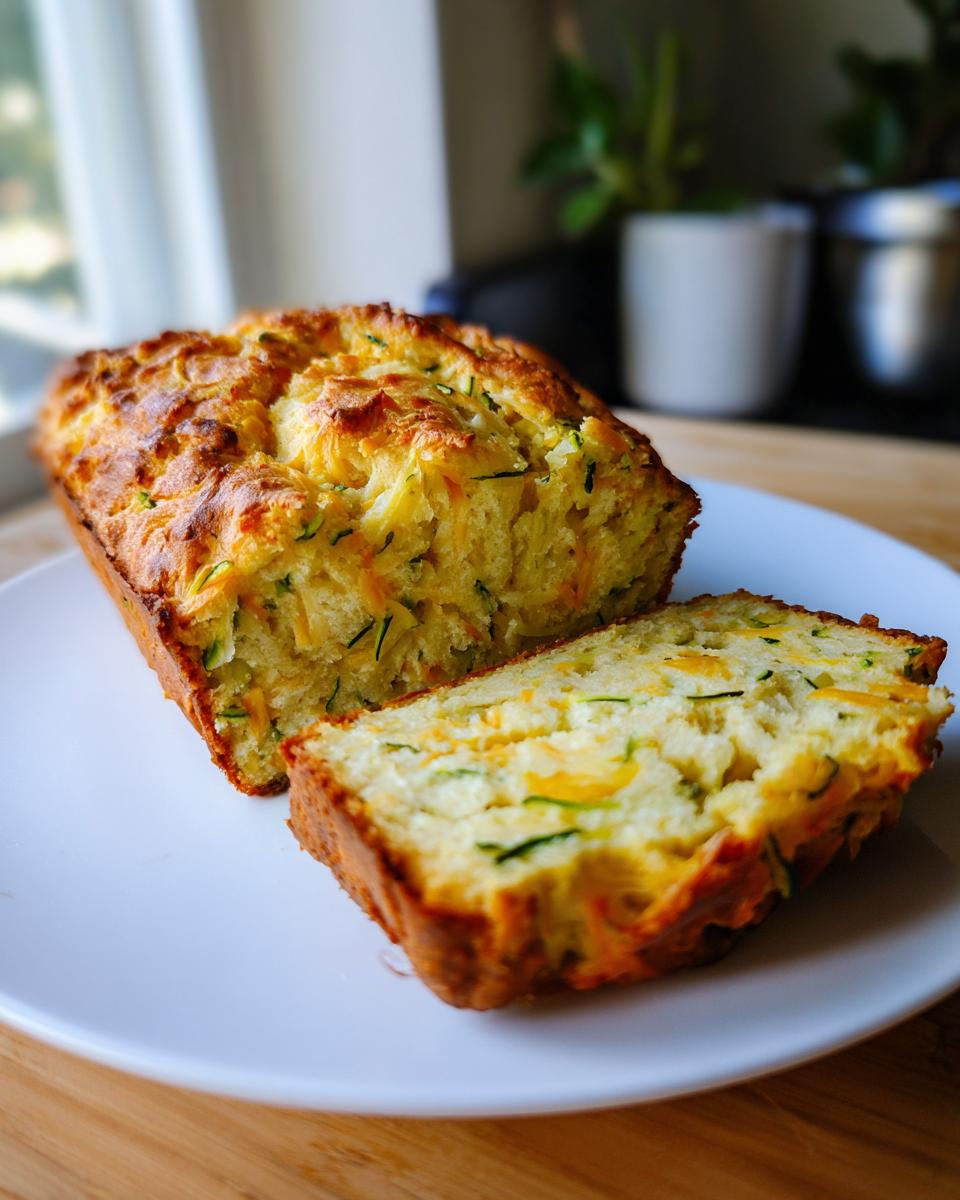 A loaf of Zucchini Cheddar Quick Bread with a slice cut, showing the zucchini and cheddar inside.