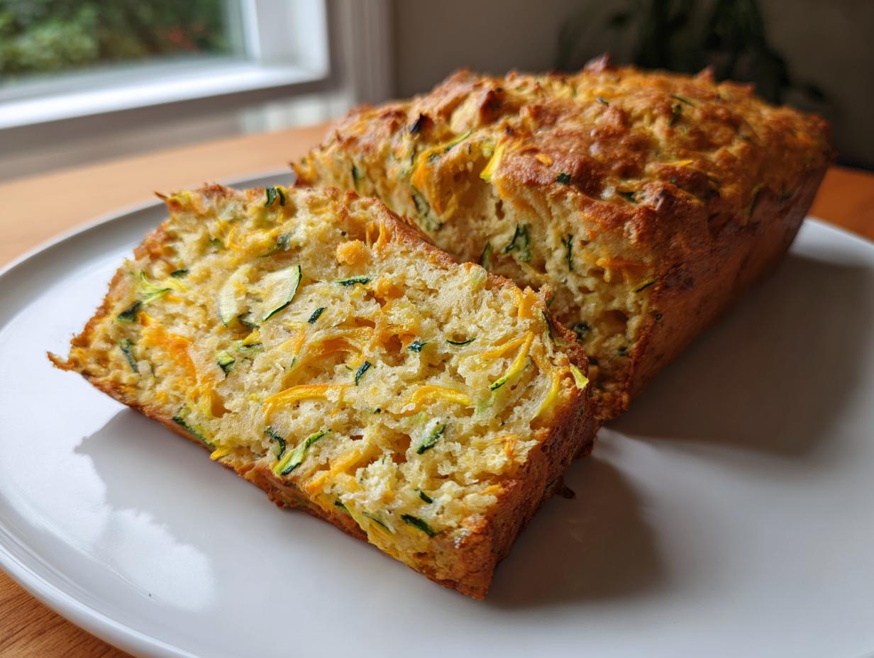 A loaf of Zucchini Cheddar Quick Bread with a slice cut, showing zucchini and cheddar.