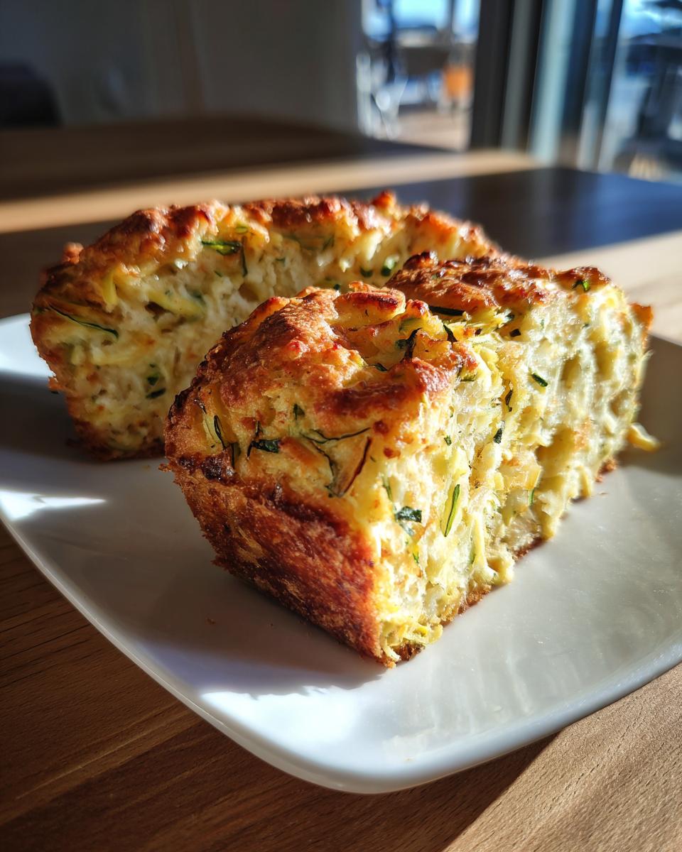 Two slices of freshly baked Zucchini Cheddar Quick Bread on a white plate, showcasing the zucchini and cheddar.