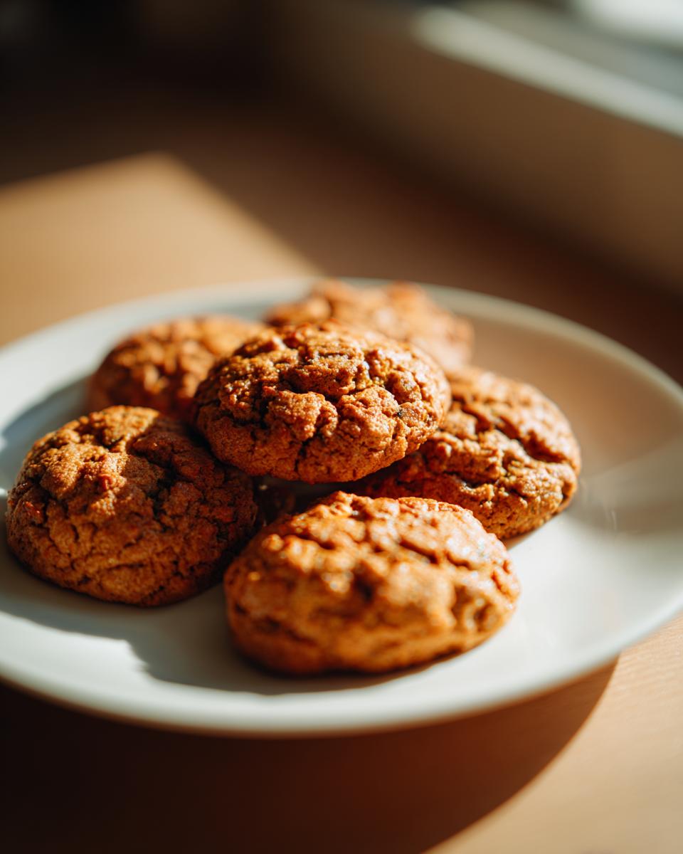 A plate of freshly baked Zucchini Cookies, golden brown and slightly cracked, sitting in natural sunlight.