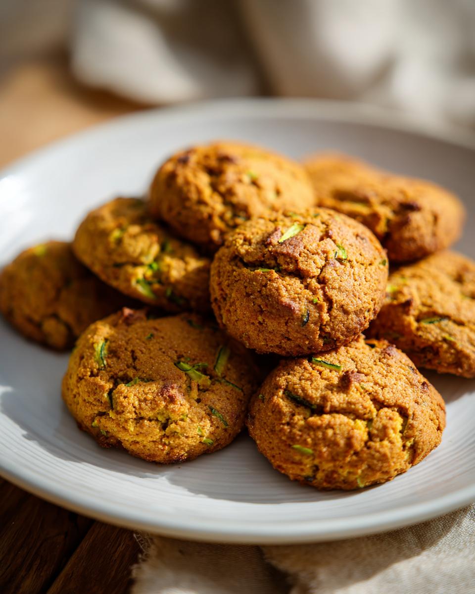 A plate piled high with freshly baked Zucchini Cookies, showcasing their moist texture and golden-brown color.
