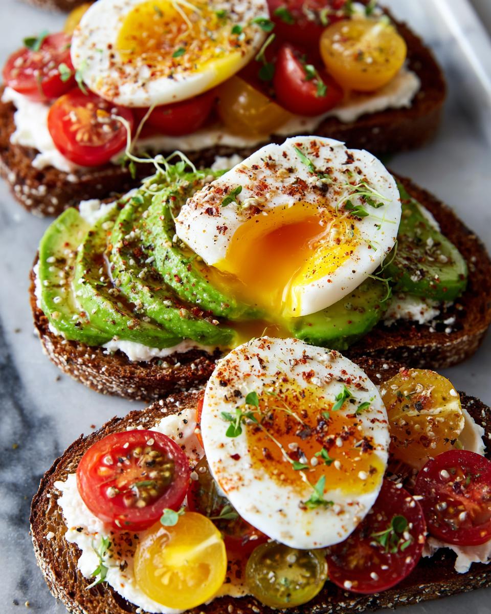 Three slices of Avocado Toast 3 Ways, topped with avocado, tomatoes, and perfectly cooked eggs.