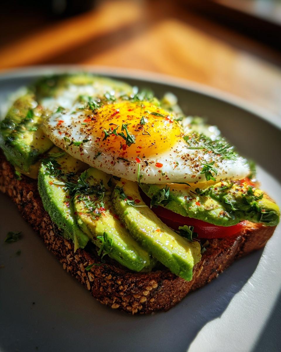 A slice of Avocado Toast 3 Ways topped with a fried egg, herbs, and spices on a gray plate.