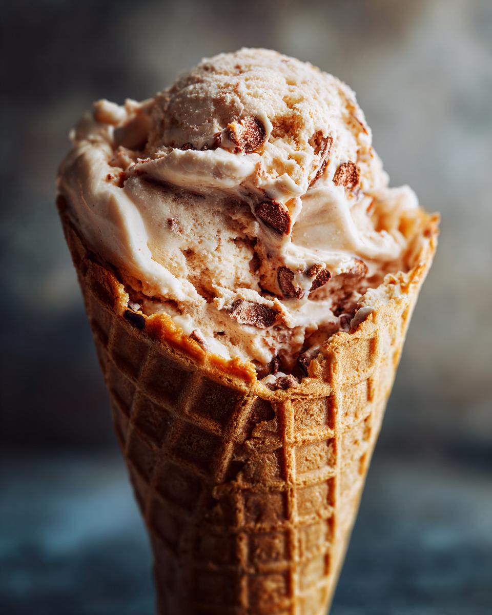 A delicious cone of Baileys Ice Cream with chocolate chips, ready to enjoy.
