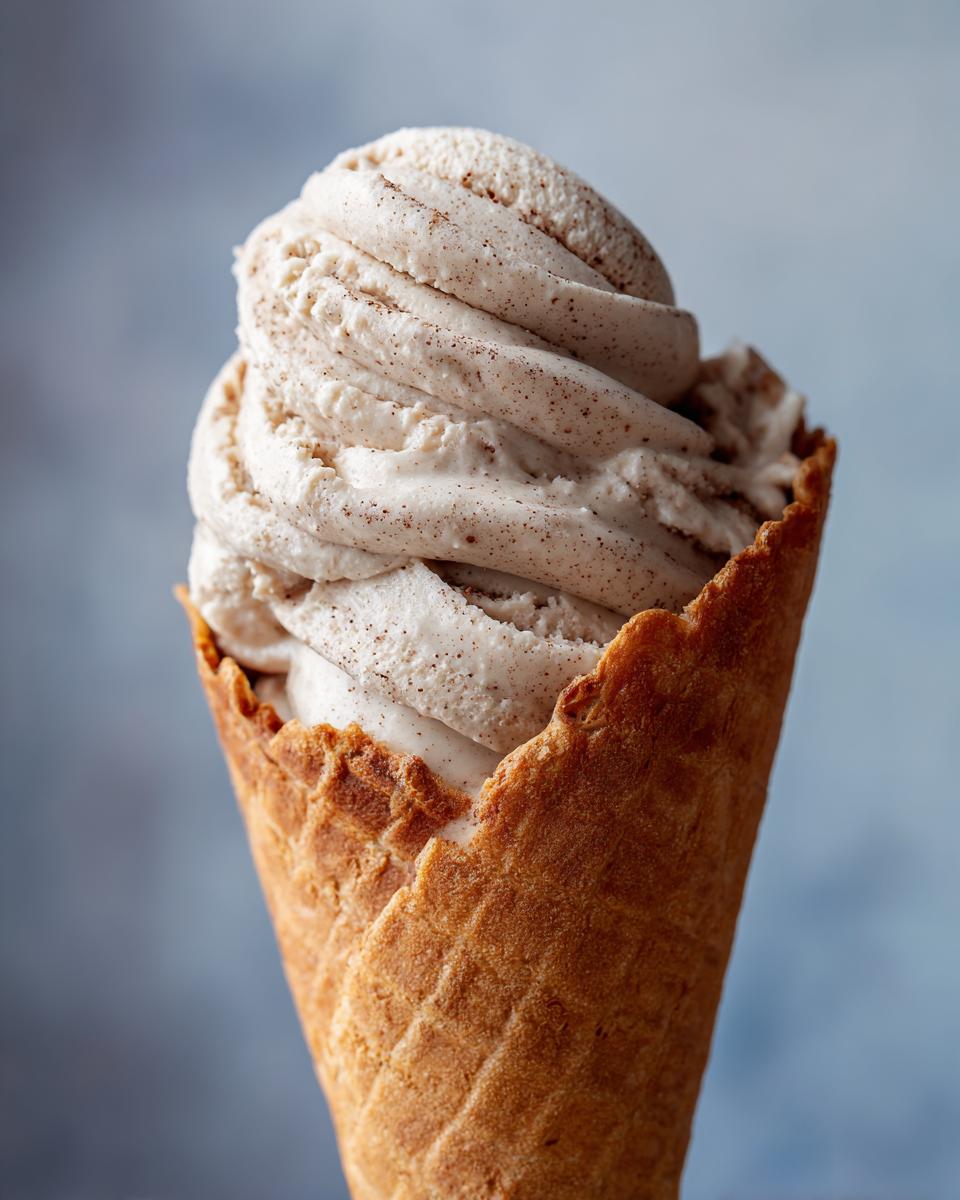 A waffle cone filled with swirls of creamy Make Your Own Baileys Ice Cream, sprinkled with a light dusting of spice.