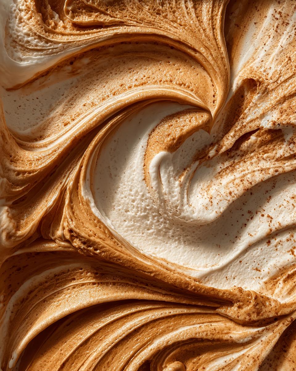 Close-up of swirled Baileys ice cream texture, showing creamy white and caramel-colored layers. Make Your Own Baileys Ice Cream.